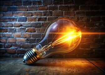 Poster - Long Exposure Light Bulb Brick Wall Background - Glowing Edison Bulb Photography