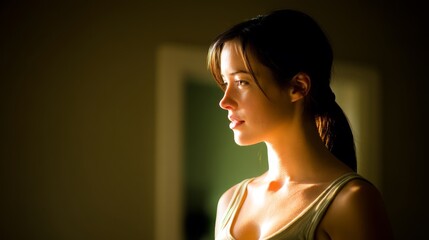 Poster - A woman gazes softly as golden hour light casts gentle shadows across her face, set against a blurred neutral background, creating a tranquil atmosphere