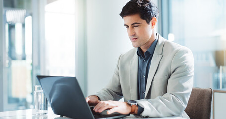 Aufkleber - Laptop, accountant and business man typing financial report, budget review and bookkeeping. Computer, corporate office and auditor writing email for revenue update, investment research and payroll