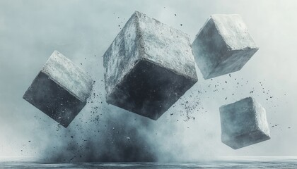Aufkleber - Abstract geometric structures float in a surreal digital environment with vibrant colors and softened reflections in a futuristic setting at dusk