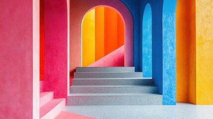 Leinwandbilder - Vibrant geometric abstract composition featuring bold colors and dynamic shapes depicting a stylized entrance with circular elements in a cascading stairway setting during daytime