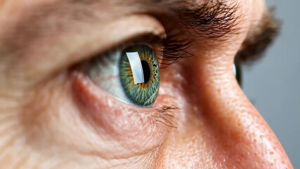 Poster - Macro photography capturing the intricate details of a green eye, revealing capillaries and wrinkles around the eyelid, highlighting signs of aging and potential eye health concerns