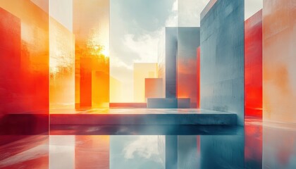 Fototapete - Abstract geometric structures float in a surreal digital environment with vibrant colors and softened reflections in a futuristic setting at dusk