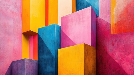 Aufkleber - Vibrant geometric abstract composition featuring bold colors and dynamic shapes depicting a stylized entrance with circular elements in a cascading stairway setting during daytime