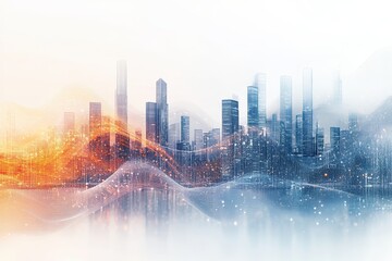 Leinwandbilder - Colorful abstract skyline design with vibrant waves and dots representing a modern city at dusk