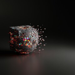 Poster - Abstract 3D Render of a Cube Transforming into a Glowing Sphere with Fractured Surface and Colorful Particles