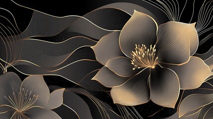 Poster - Elegant black background featuring intricate golden floral designs with flowing lines and abstract patterns that create a luxurious and sophisticated atmosphere
