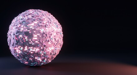Poster - Glowing Pixelated Sphere Abstract 3D Render Neon Lights Digital Art Futuristic Technology