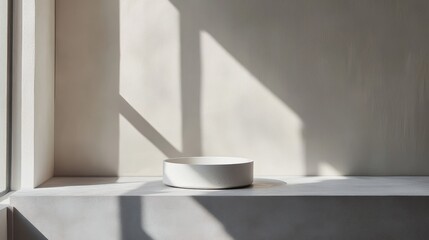 Aufkleber - Minimalist white ceramic bowl placed on a simple shelf against a textured wall, highlighting the natural light and shadow at midday