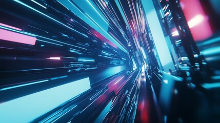 Poster - Futuristic abstract digital landscape with vibrant blue and pink geometric lines converging, creating a sense of motion and depth