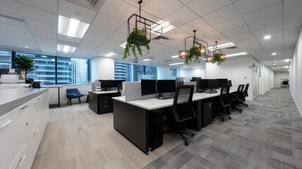Aufkleber - Bright tech office featuring modular furniture, glass-walled meeting pods, and hanging plants that enhance collaboration and productivity in a spacious environment