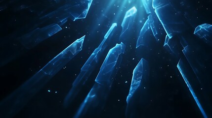 Fototapete - A futuristic, abstract representation of luminous crystals emanating beams of blue light in a dark atmosphere, evoking feelings of mystery and serenity