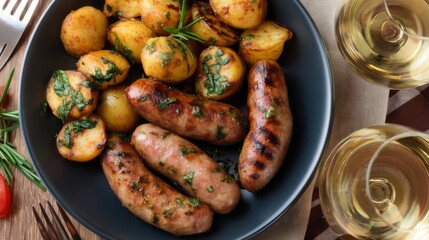 Poster - Grilled sausages with golden marks are accompanied by roasted potatoes and garnished with herbs, set on a rustic wooden table under soft natural light