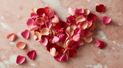 Fototapete - Rose petals in various shades are thoughtfully arranged to form heart shapes on a soft blush-pink marble surface, casting gentle shadows that enhance the composition