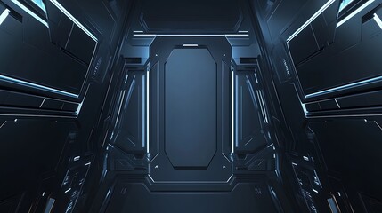 Poster - Futuristic corridor with sleek, metallic walls and illuminated edges, creating a sci-fi atmosphere of technology and innovation