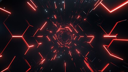 Fototapete - Futuristic digital tunnel with glowing red hexagonal shapes creating a sense of depth and motion in a dark environment