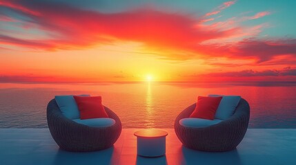 Poster - Cozy wicker chairs overlook a stunning sunset by the pool during a tranquil evening in a tropical paradise