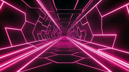 Fototapete - Futuristic neon tunnel with pink glowing lines and geometric patterns, creating a dynamic and vibrant atmosphere