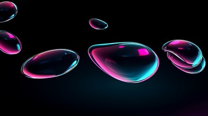 Fototapete - Glossy water droplets with vibrant colors reflecting light against a dark background, creating an abstract and modern atmosphere