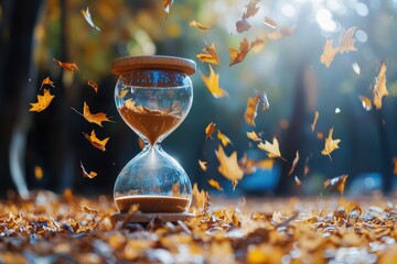 Aufkleber - Hourglass with falling leaves symbolizes the passage of natural time in a tranquil autumn setting surrounded by colorful foliage