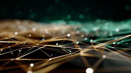 Leinwandbilder - A complex web of golden threads interlinks bright green nodes, all set against a warm amber gradient, creating a visually striking tech-inspired composition