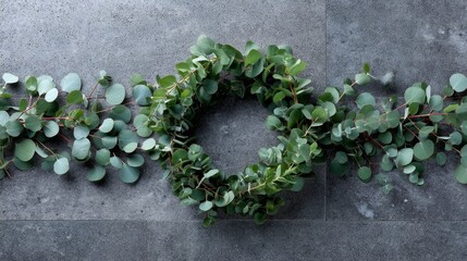 Leinwandbilder - Eucalyptus leaves are artistically arranged in a circular pattern on a dove gray surface, offering ample negative space for text and design elements