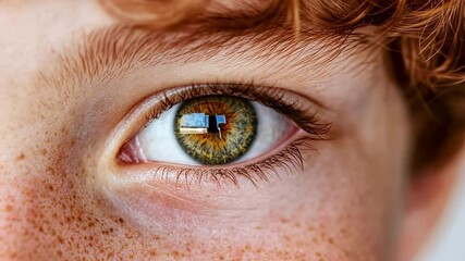 Poster - Capturing macro photography of a stunning hazel eye adorned with long red eyelashes and surrounded by delicate freckles, highlighting vibrant vision and optimal eye health