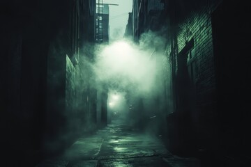 Fototapete - Mysterious alley illuminated by soft green lights amidst fog on a quiet night
