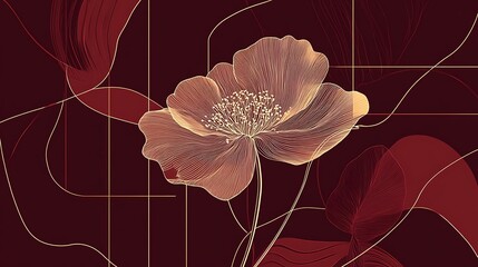 Poster - A captivating illustration of an intricate floral design featuring a large blooming flower with swirling patterns set against a rich maroon background, showcasing a balance of elegance and complexity
