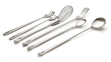 Aufkleber - A neatly arranged set of stainless steel kitchen utensils such as tongs, whisk, and spatula with plenty of space for copy above