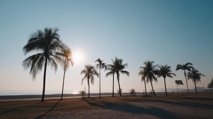 Aufkleber - Coconut palms frame a stunning orange sun as it rises over a serene turquoise ocean, creating a tranquil coastal atmosphere at dawn