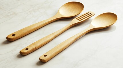 Poster - A set of bamboo kitchen utensils such as a spoon, spatula, and ladle arranged neatly on a light-colored surface with ample space for text