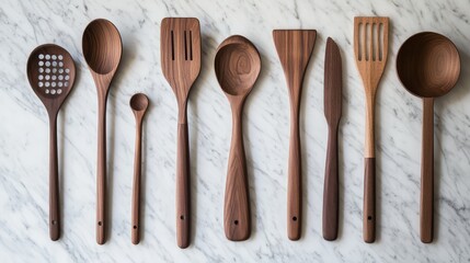 Poster - A set of wooden cooking utensils like a spoon, spatula, and ladle placed neatly on a marble countertop, with ample space for copy