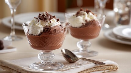 Poster - Delight in this presentation of airy chocolate mousse layered with Chantilly cream and chocolate curls, set in crystal coupe glasses on a beautifully arranged table