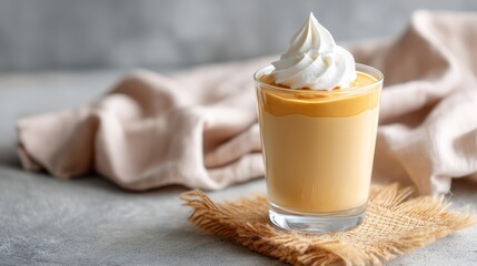 Poster - Rich coffee pudding fills a tall glass, topped with creamy whipped cream, beautifully displayed with a rustic background and ample copy space on one side