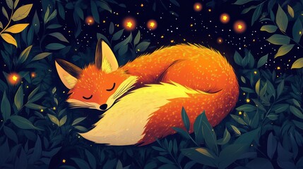 Poster - Sleeping fox curled in leaves under starry night sky captures peaceful essence of nature