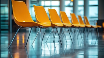 Aufkleber - Bright yellow chairs line a modern interior space showcasing a sleek design with reflection on the polished floor at a contemporary building