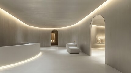Poster - Minimal white D room with curved architecture and high-tech lighting, central copy space