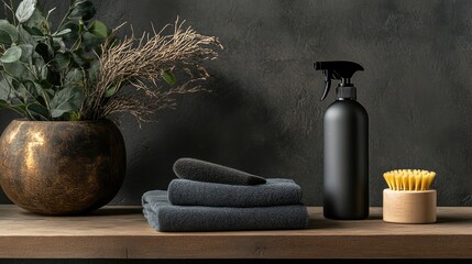 Poster - Simple cleaning setup with a spray bottle, sponges, and microfiber towels, open background for copy space