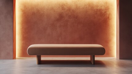 Poster - Upholstered bench beneath an empty wall with soft lighting, copy space above