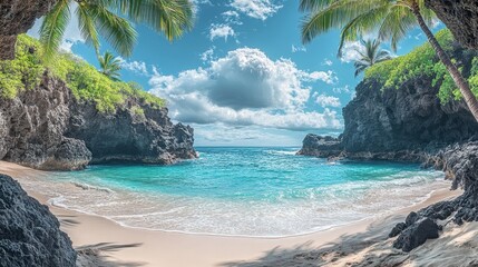 Poster - Stunning tropical cave with crystal clear waters and beautiful palm trees surrounded by rugged rock formations during midday