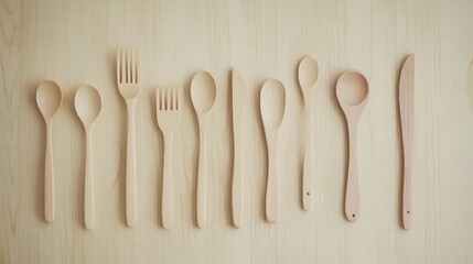 Poster - Wooden spoons, spatula, and tongs placed neatly on a light wooden surface with plenty of open space for copy above