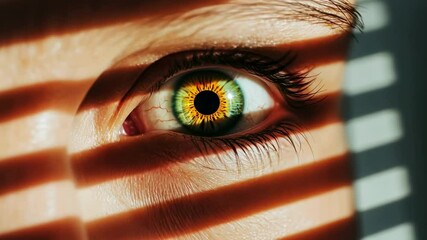 Poster - Light filtering through blinds creates striped shadows across a woman's striking green eye, emphasizing the intricate details of the iris and eyelashes