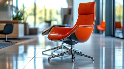 Aufkleber - Bright yellow chairs line a modern interior space showcasing a sleek design with reflection on the polished floor at a contemporary building