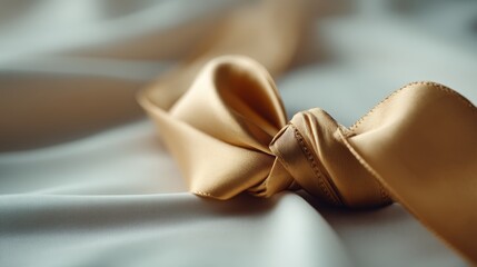 Poster - Close-up of a golden silk ribbon intricately tied into a knot, resting gently on a smooth cream backdrop, creating an elegant and sophisticated allure