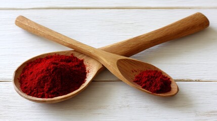 Poster - Close-up view of vibrant red paprika powder gathered on a wooden spoon, set on a light background with space alongside for text or branding opportunities