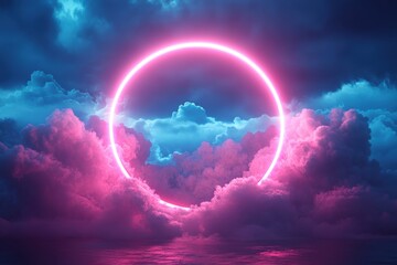 Poster - Vibrant pink neon ring emerges from dark clouds over tranquil ocean waters during twilight hour