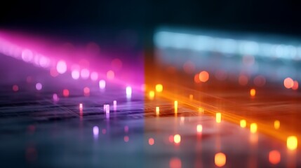 Leinwandbilder - Neon-orange data streams pulse through translucent quantum computing modules, showcasing glowing circuitry beneath. Copy space is available on the right for design use