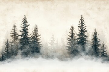 Aufkleber - Evergreen forest shrouded in mist during early morning hours in a serene natural landscape