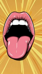 Poster - Pop art illustration of wide open mouth showing tongue and teeth on a yellow and orange radial background, ideal for marketing campaigns related to oral hygiene, dentistry and cosmetology